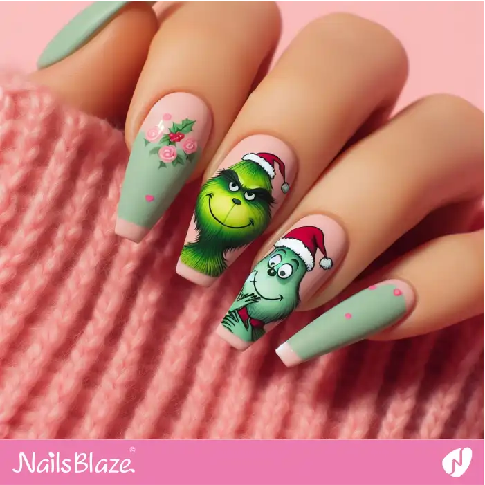 Grinch Nails with Flower Design | Cartoon Nails - NB2014